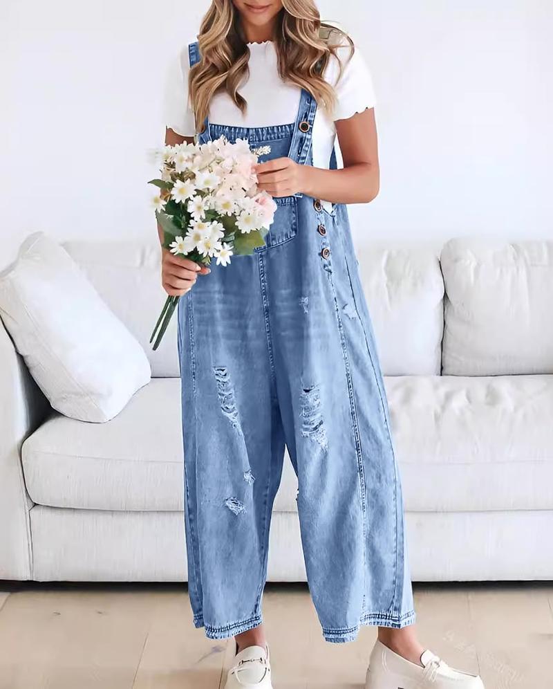 Chouyatou Women Loose Adjustable Strap Denim Bib Overall Jeans Distressed Wide Leg Baggy Overalls Jumpsuit