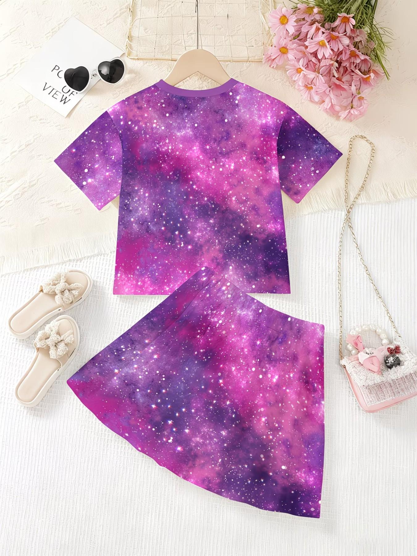 Girls' 3D Unicorn Print Top and Skirt Set, Casual Summer, Slim-Fitting Round Neck Short Sleeve, All over Print, Two-Piece Set