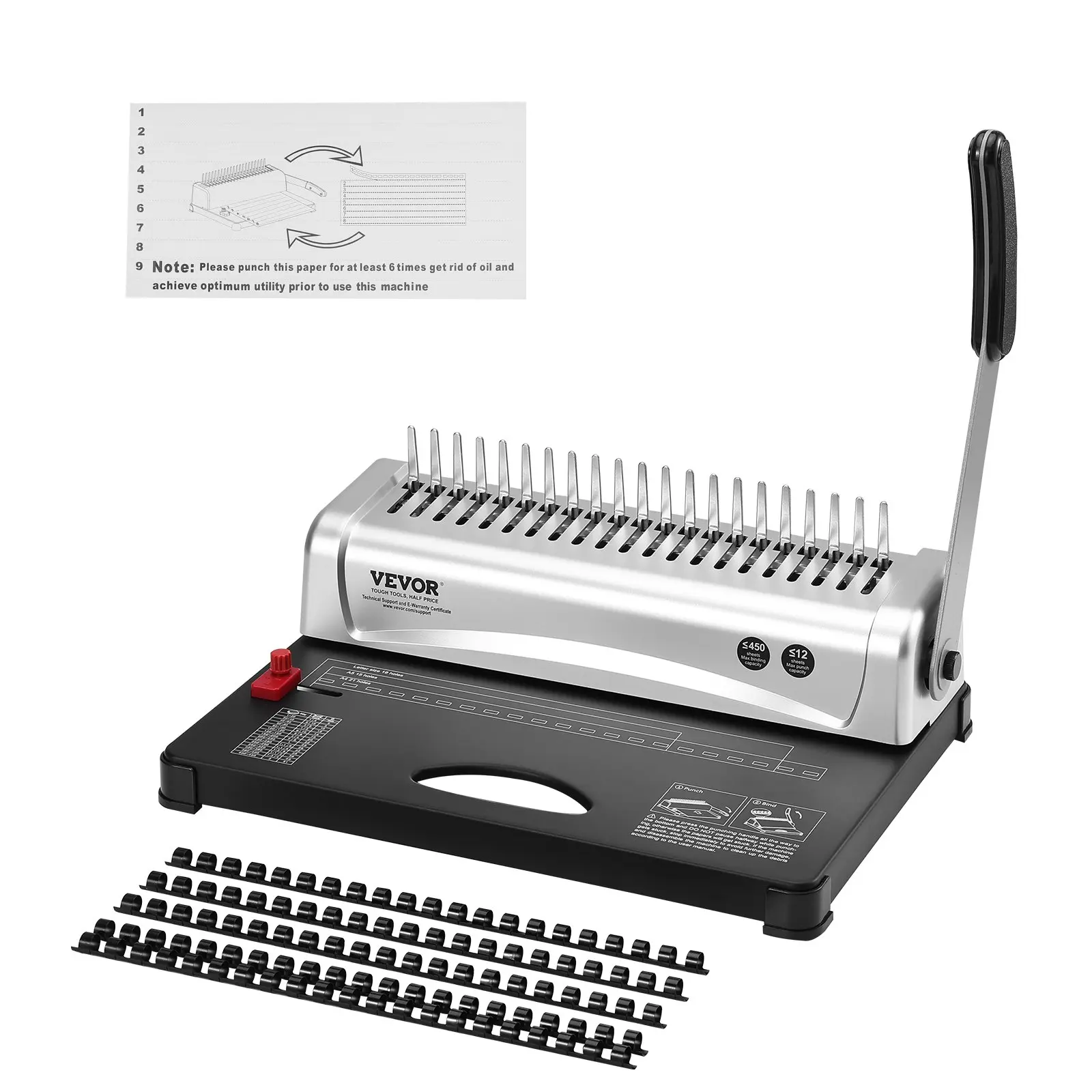 VEVOR Iron+ABS Comb-Type Binding Machine with Adjustable Guides, 21-Holes Punching & Binding, 450-Sheet Capacity, 100 PCS 3/8'' Comb Spines for Letter/A4/A5 Sizes