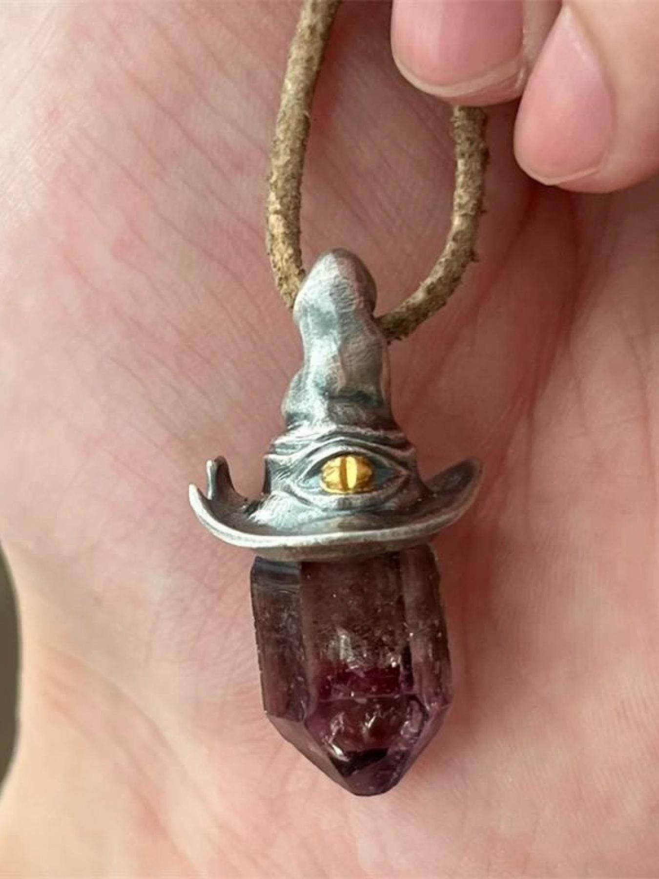 Vintage - Style Wizard Hat & Amethyst Crystal Celestial Pendant Design Necklace, Unique Occult - Inspired Jewelry, for Men & Women, Daily & Special Occasion Wear, Necklaces Men
