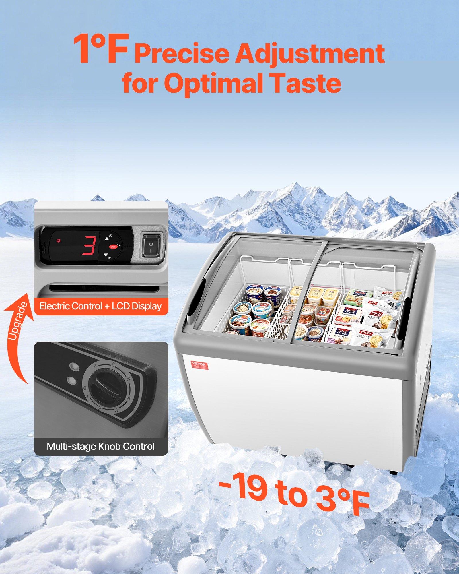 VEVOR Commercial Ice Cream Display Case, 9.3 Cu.ft (264L) Direct Cooling Cold Rolled Plate Chest Freezer, --19 To 3 ℉℉ Temp Adjustable, with 3 Wire Ice Cream Baskets, 2 Sliding Tempered Glass Doors, Locking Casters & LED Strip Lighting for Cafe Owners, Ba