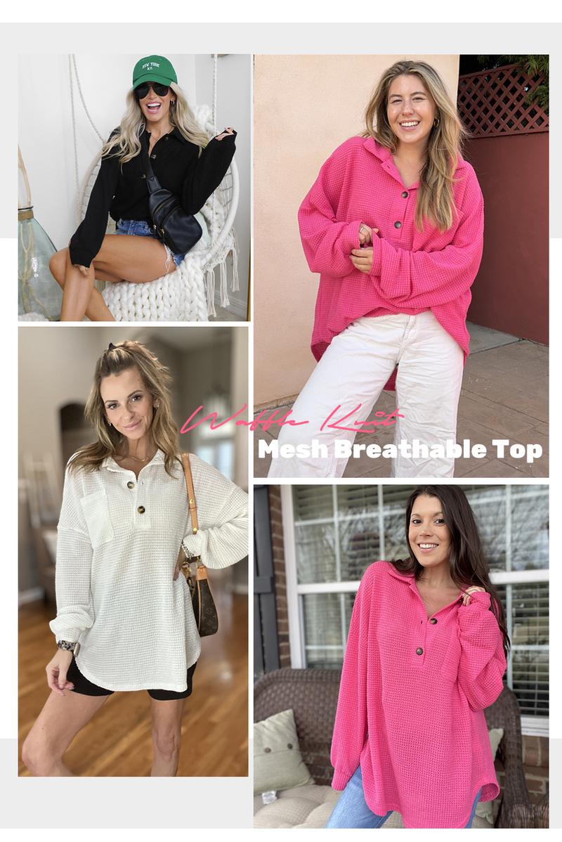 EVALESS Women's Oversized Henley Waffle Shirts Tops Button V Neck Long Sleeve Lightweight Mesh Knitwear Tunic Blouses 2026 Casual Fall Outfits Green Minimalist Style