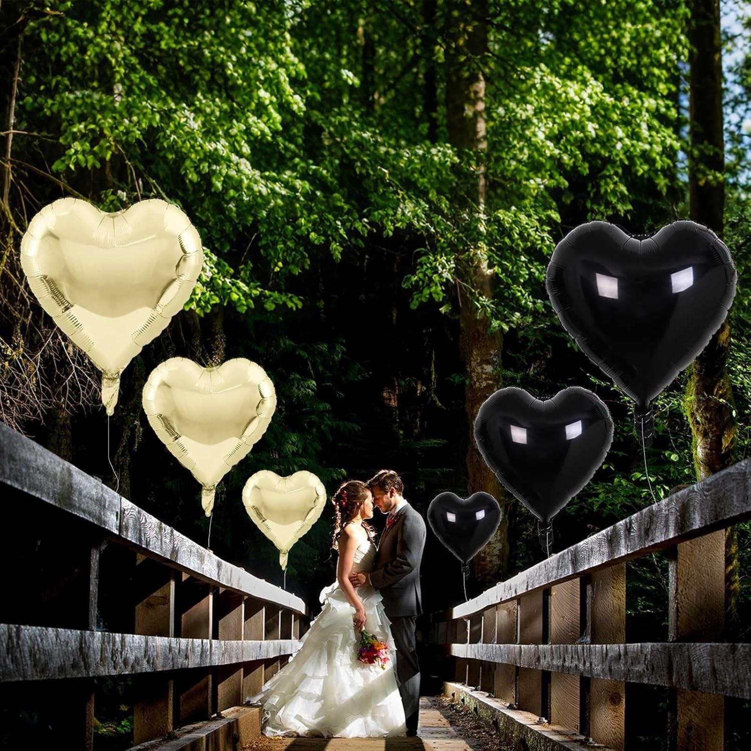 Black gold aluminum foil heart-shaped balloons, 18 inch 10 pack heart-shaped balloons with two accessories, suitable for occasions such as birthdays, graduation ceremonies, Valentine's Day, baby parties, anniversaries, etc.