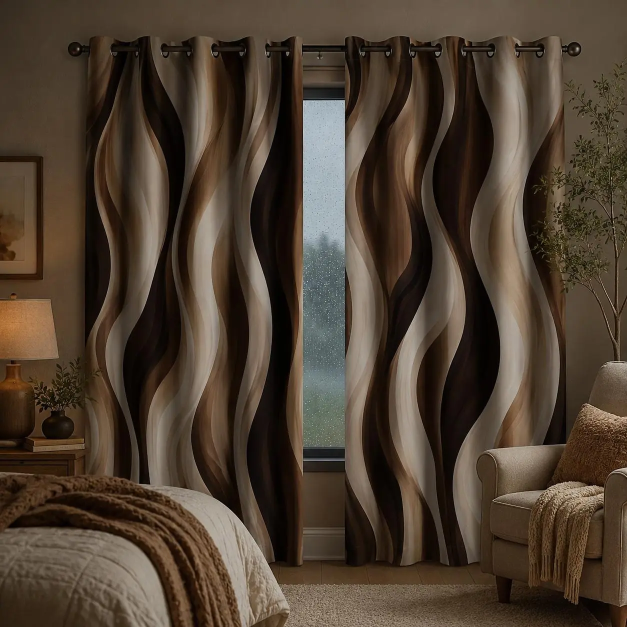 Modern Minimalist Home Decoration Curtain - Soft Polyester Coffee Brown Forest Wave Texture Rod Pocket Window Drapes, Blackout, Dustproof, Durable, Fade-Resistant, Machine Washable for Living Room