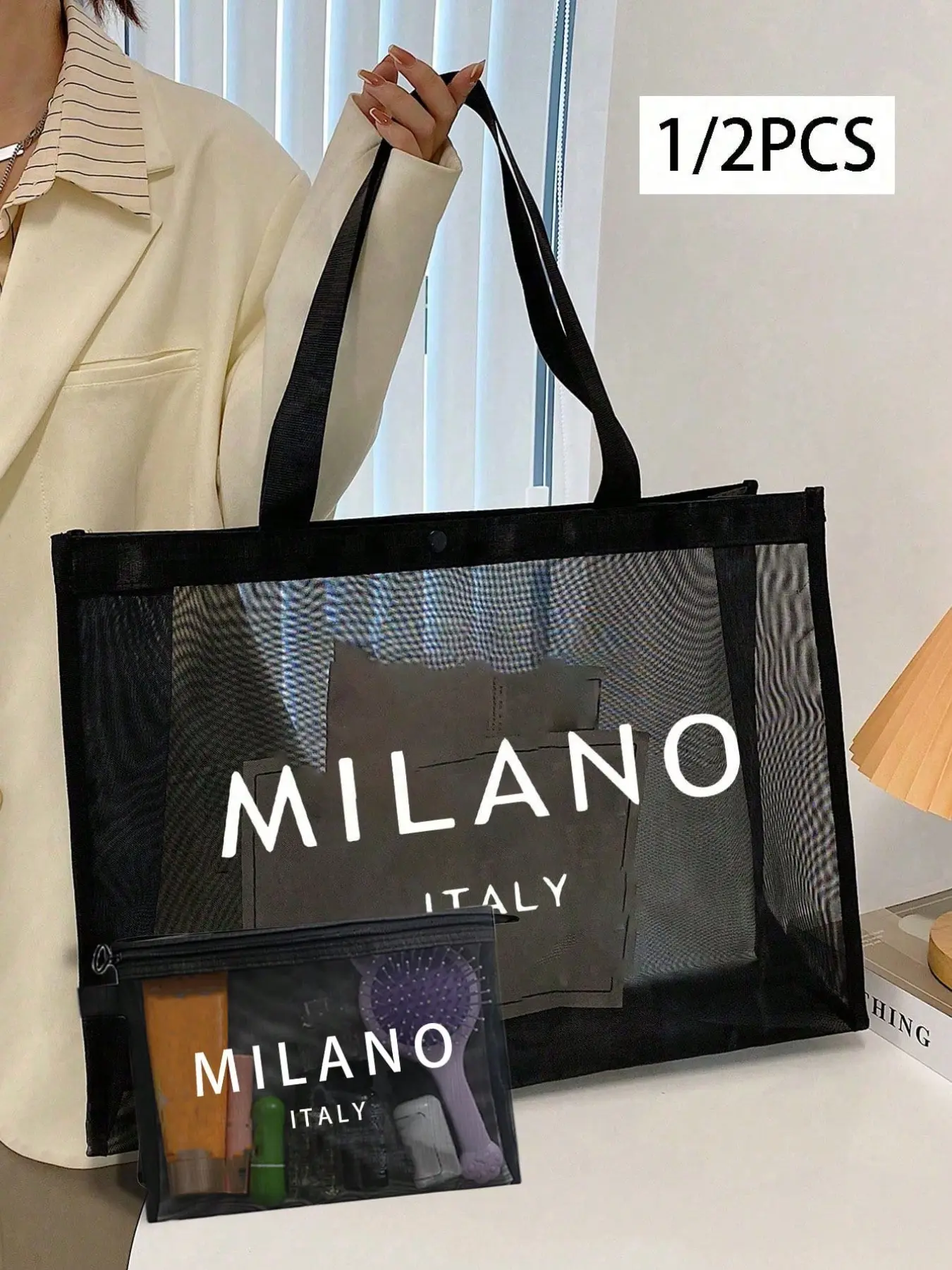 Large Capacity Mesh Shoulder Bag with Milano Print, Portable Beach Bag, Transparent Beauty Storage, Ideal for Shopping and Summer Travel