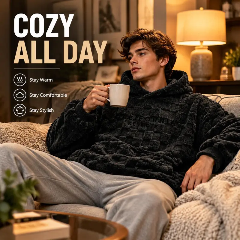 Men's California Embroidered Textured Fleece Hoodie Sweatshirt - Casual Long Sleeve Pullover with Soft Touch Cozy Fashion Thermal Design, Pair with Checkerboard Jeans/Joggers for Trendy Outfits, Menswear Top,sohochic
