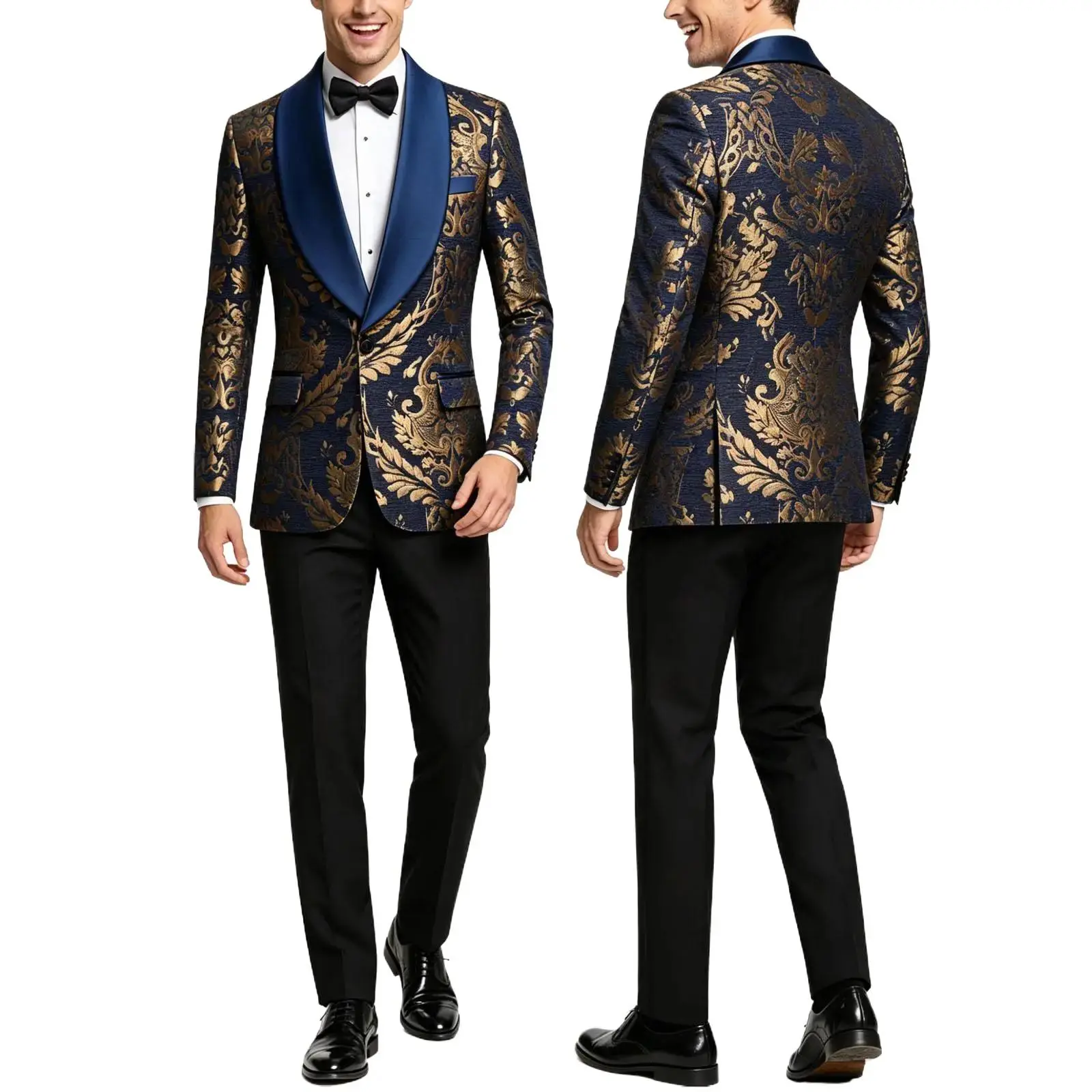 Men's Polyester Jacquard Formal Wear Suit Set - Long-Sleeve Satin Shawl Lapel Tuxedo Jacket, Matching Trouser, Wrinkle-Resistant, Original Cut Soft Menswear for Weddings, Proms