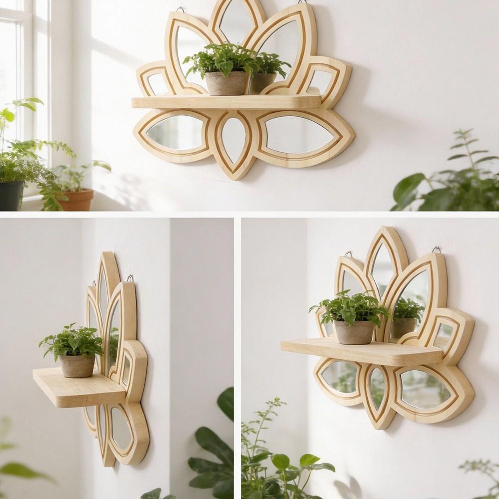 1pc Lotus Flower Wooden Wall Shelf with Mirror, 13.18" Boho Floating Shelf, Rustic Decor for Living Room, Bedroom, Bathroom, Yoga Room