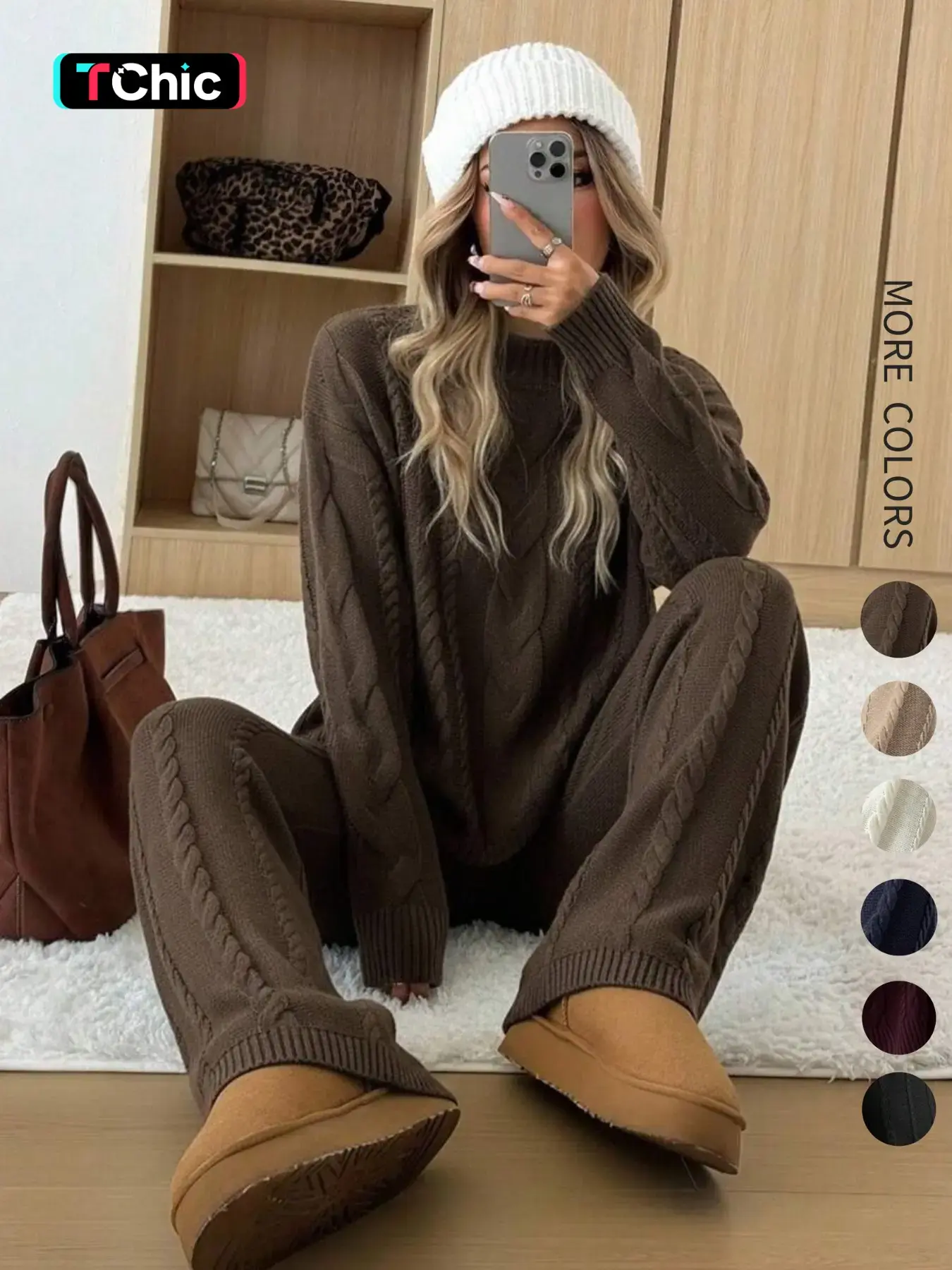 Women's 2 Pcs Sweater Set Turtle Neck Long Sleeve Cable Knit Solid Color Sweater Top and Wide Leg Pants Set, Autumn Winter Casual Baggy Loose Fit Daily Home Stylish Comfortable Cozy Loungewear Set, Fall Pants Set for Women, 2 Piece Sweater Set for Women