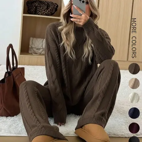 Women's 2 Pcs Sweater Set Turtle Neck Long Sleeve Cable Knit Solid Color Sweater Top and Wide Leg Pants Set, Autumn Winter Casual Baggy Loose Fit Daily Home Stylish Comfortable Cozy Loungewear Set, Fall Pants Set for Women, 2 Piece Sweater Set for Women