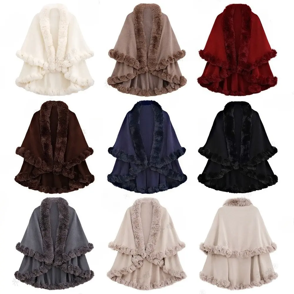 Womens Plus Size Knitted Cape Shawl Coat, Double Layer Faux Cashmere Fabric, Attached Rex Rabbit Fur Collar, Elegant Outer Layer For Autumn And Winter Daily Wear And Occasion Outfits.sohochic.