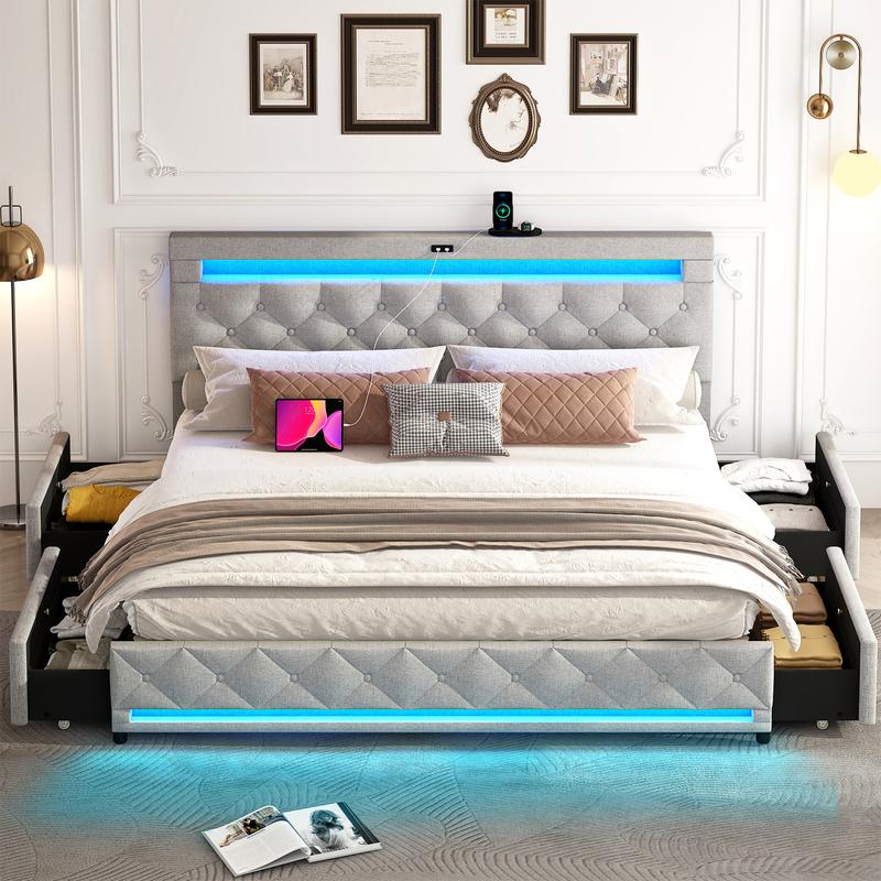 King/Queen LED Bed Frame with 4 Storage Drawers and 2 USB Ports, Modern Upholstered Button Tufted Headboard Bed Frame, Solid Wooden Slat Support, No Box Spring Needed, Dark Grey/Light Grey King/Queen LED Bed Frame with 4 Storage Drawers and 2 USB Ports, Modern Upholstered Button Tufted Headboard Bed Frame, Solid Wooden Slat Support, No Box Spring Needed, Dark Grey/Light Grey