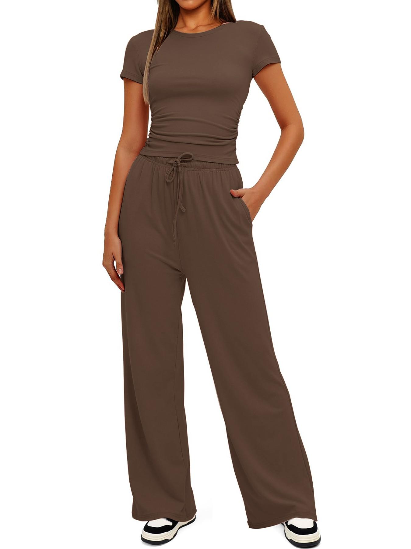 2026 Women's Solid Round Neck Short Tee and Pants, 2- or 6-Piece Set, Casual Comfy Elastic Pajama Set for Women, Cozy Loungewear for Daily Home Wear