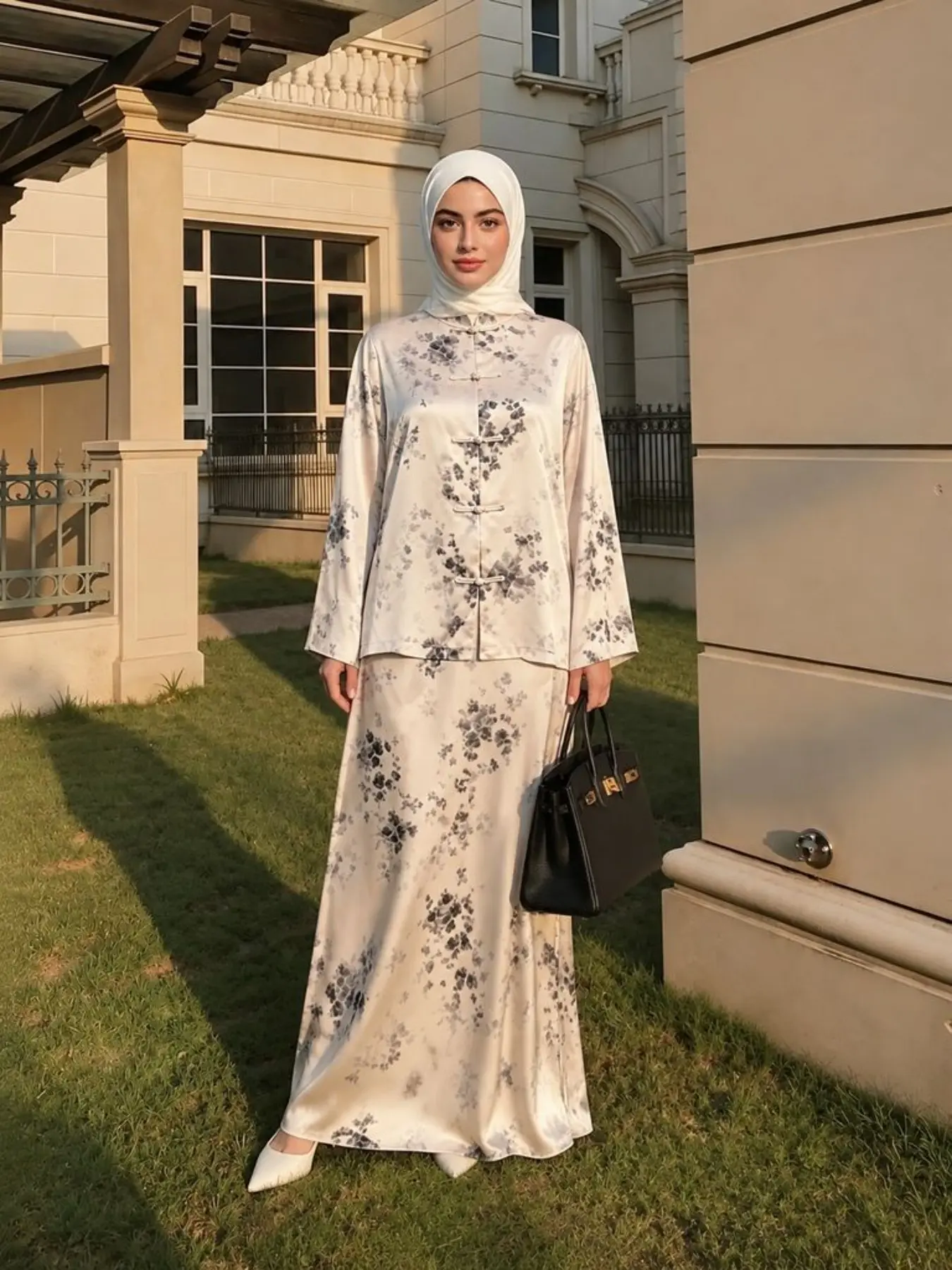 Muslim Robe Two-Piece Set, Floral Print Button Front Top, Half-Length Skirt with Pockets, Casual Loose-Fit Suit for All Seasons