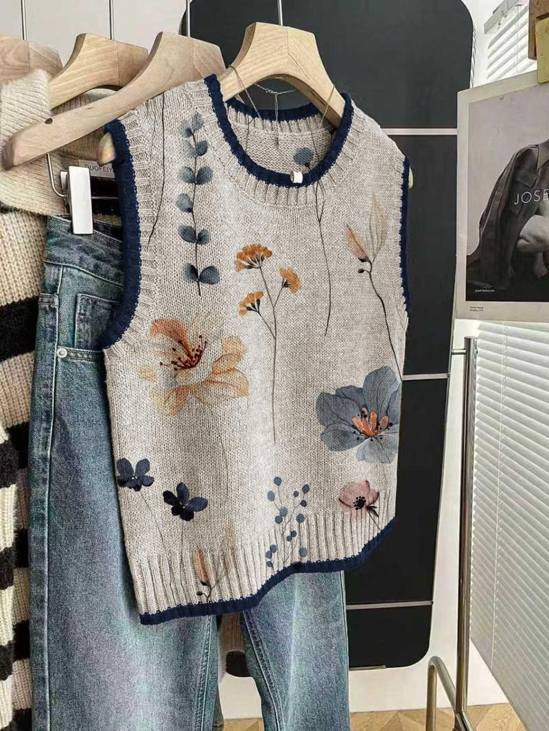 Elegant Floral Pattern Sleeveless Knit Top for Women, Casual and Loose Fit Round Neck Pullover for Spring and Autumn, Ideal for Outings