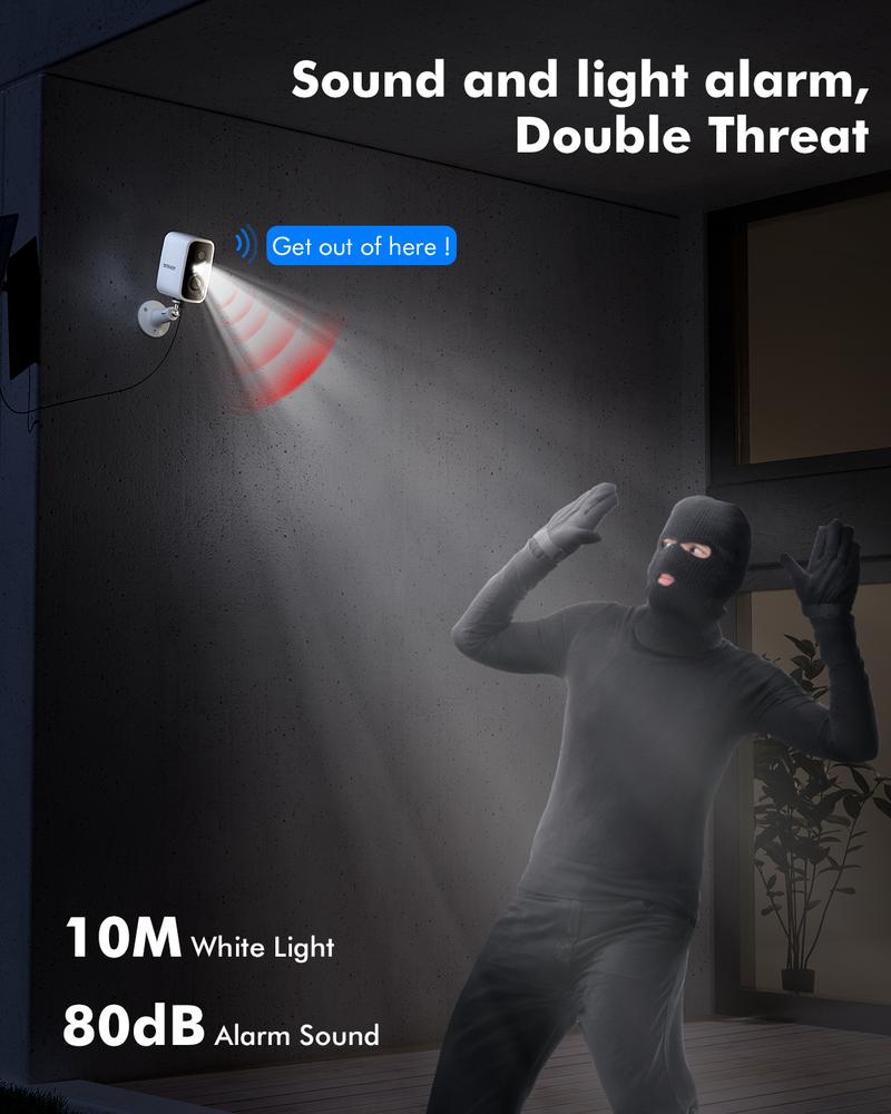 Battery Rechargeable Security Camera Wireless Indoor/Outdoor 2.4GHz WiFi , 2K Color Night Vision, Automatic Alarm, AI Detection