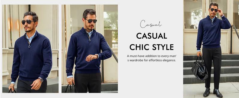 Runcati Mens Quarter Zip Pullover Sweater Lightweight Mock Neck Slim Fit Pullover Knit Casual Polo Sweaters