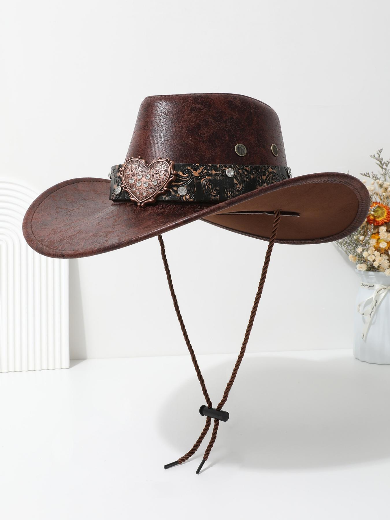 Vintage Heart-Shaped Rhinestone Leather Classic Cowboy Hat, Western Paisley Pattern Sun Hat, Unisex Daily Wear Party Cap