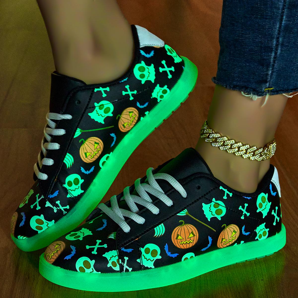 Unisex Casual Fashion Sneakers with Light Up Feature - Halloween Skull and Pumpkin Pattern, Non-Slip Rubber Sole, Low Top Lace-up with Round Toe - All-Season Fluorescent Board Shoes Closed Trainer Walking Shoes Sports Shoes Runner Boy