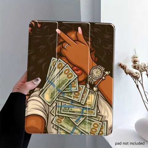 Cool Hustle Girl Money iPad Case with Pencil Slot, Durable Tablet Casing, Triple Fold Stand, Auto Wake/Sleep, Full Shockproof Protection, Fits iPad 7.9/8.3/10.2/10.5/10.9/11/12.9/13 inch, Perfect for School & Daily Use (Case Only)