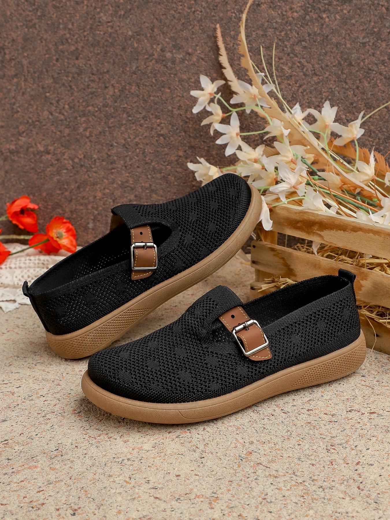 Women's Multicolor Flyknit Mary Jane Flat Shoes, Breathable Mesh, Leather-Like Buckle, Soft Rubber Sole, Comfortable Casual Footwear