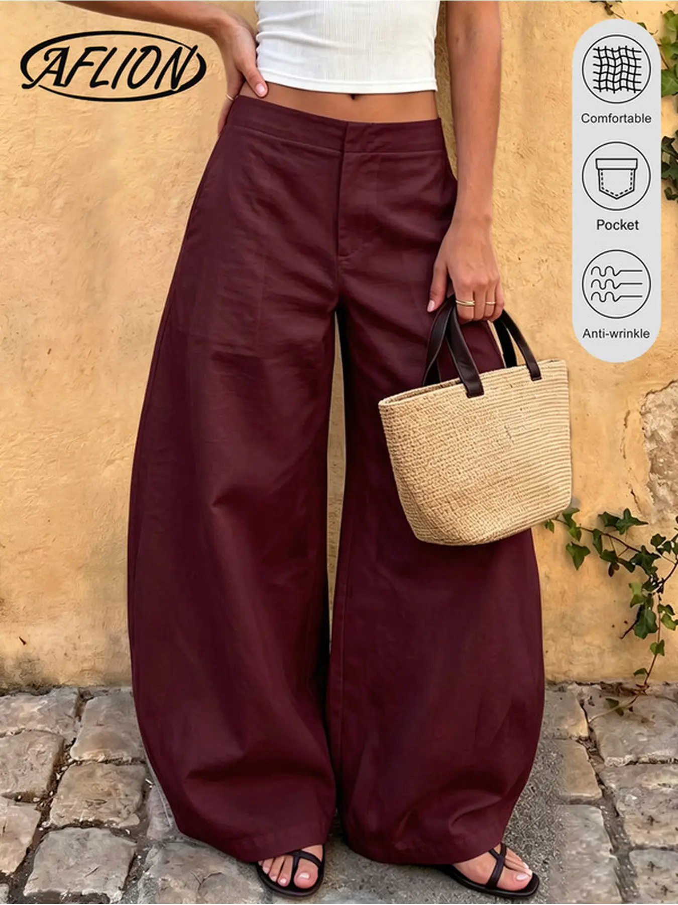 Women High Waist Wide Leg Pants, Casual Loose Trousers With Pockets, Anti Wrinkle, Fall Winter Daily Wear Streetwear For Ladies