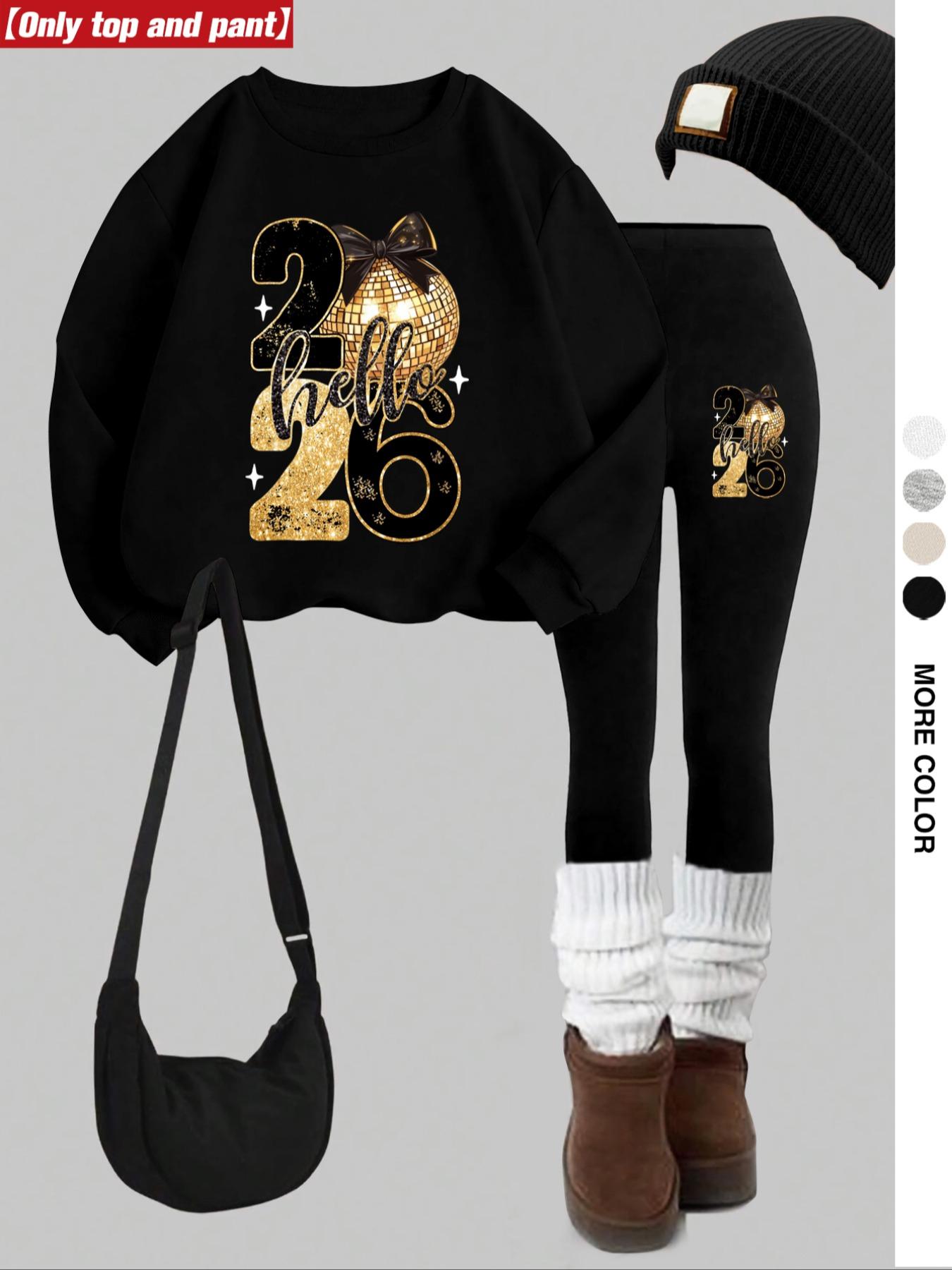 Women's Casual Sweatshirt Set 2 Piece, New Year 2026 Print, Round Neck Long Sleeve, Long Pants, Fall Winter Fashion
