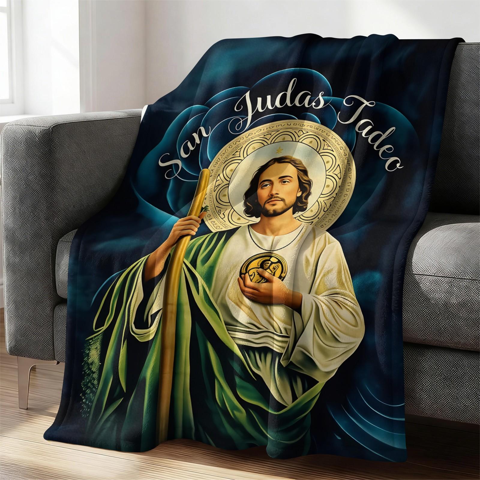 San Judas Tadeo Print Flannel Throw Blanket, Soft Warm Cozy Fleece Blanket for Couch Bed Sofa, Religious Saint Jude Decorative Blanket, All Season Plush Blanket, Perfect Gift Blanket for Home, Travel, Nap, All Ages