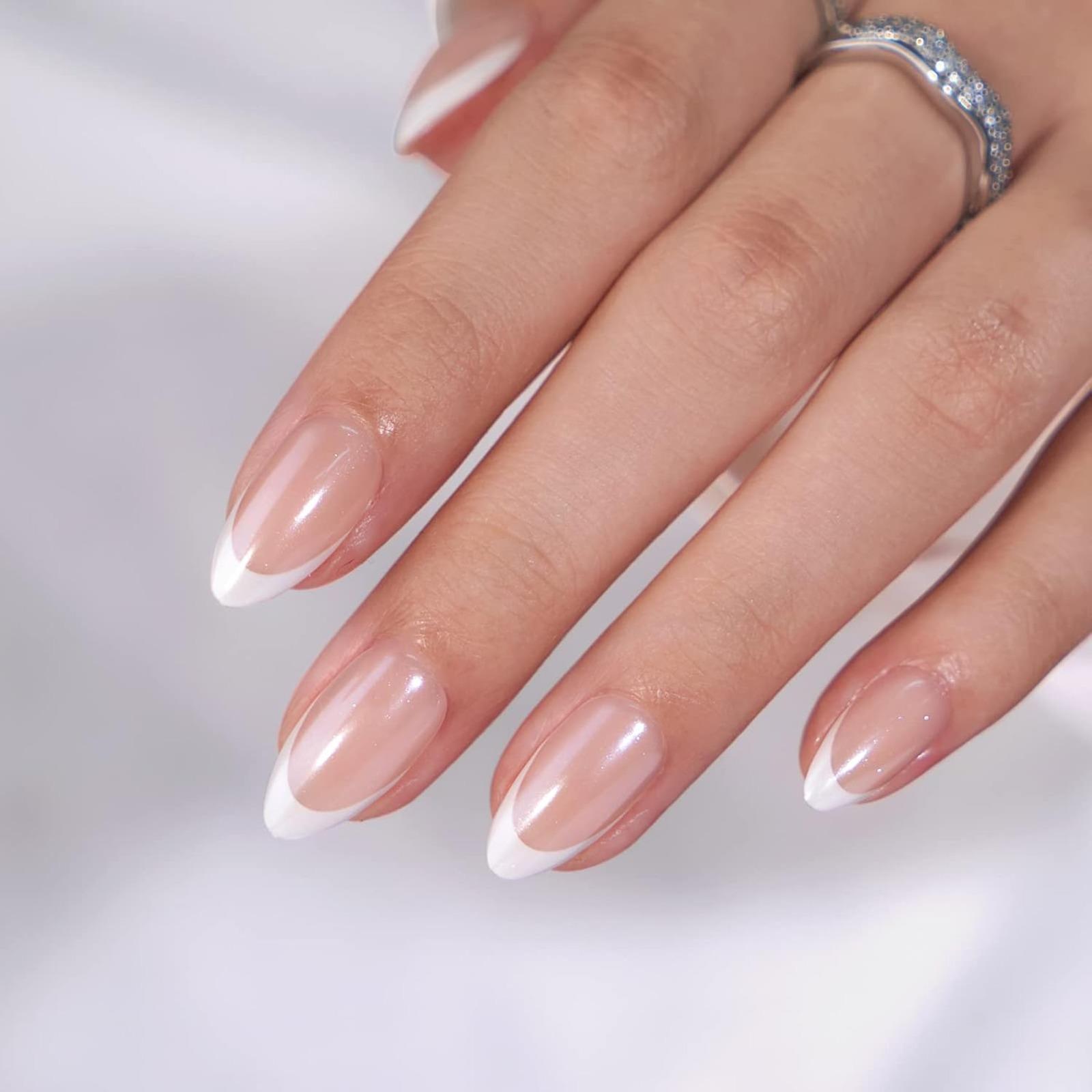 Press On Nails, Classic, Short Almond, White French Tip, Lamp-Curable 4-Week Wear, Salon-Quality Natural Nails, 10-Minute Easy Daily Application, 16 Sizes, All-in-One Complete Kit