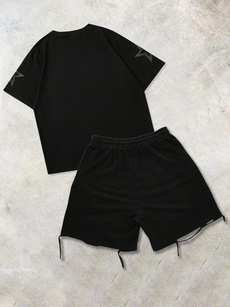 High-Quality Men's Casual Summer Set, Rhinestone Letter Print Tee & Drawstring Waist Shorts, Perfect for Travel & Daily Wear