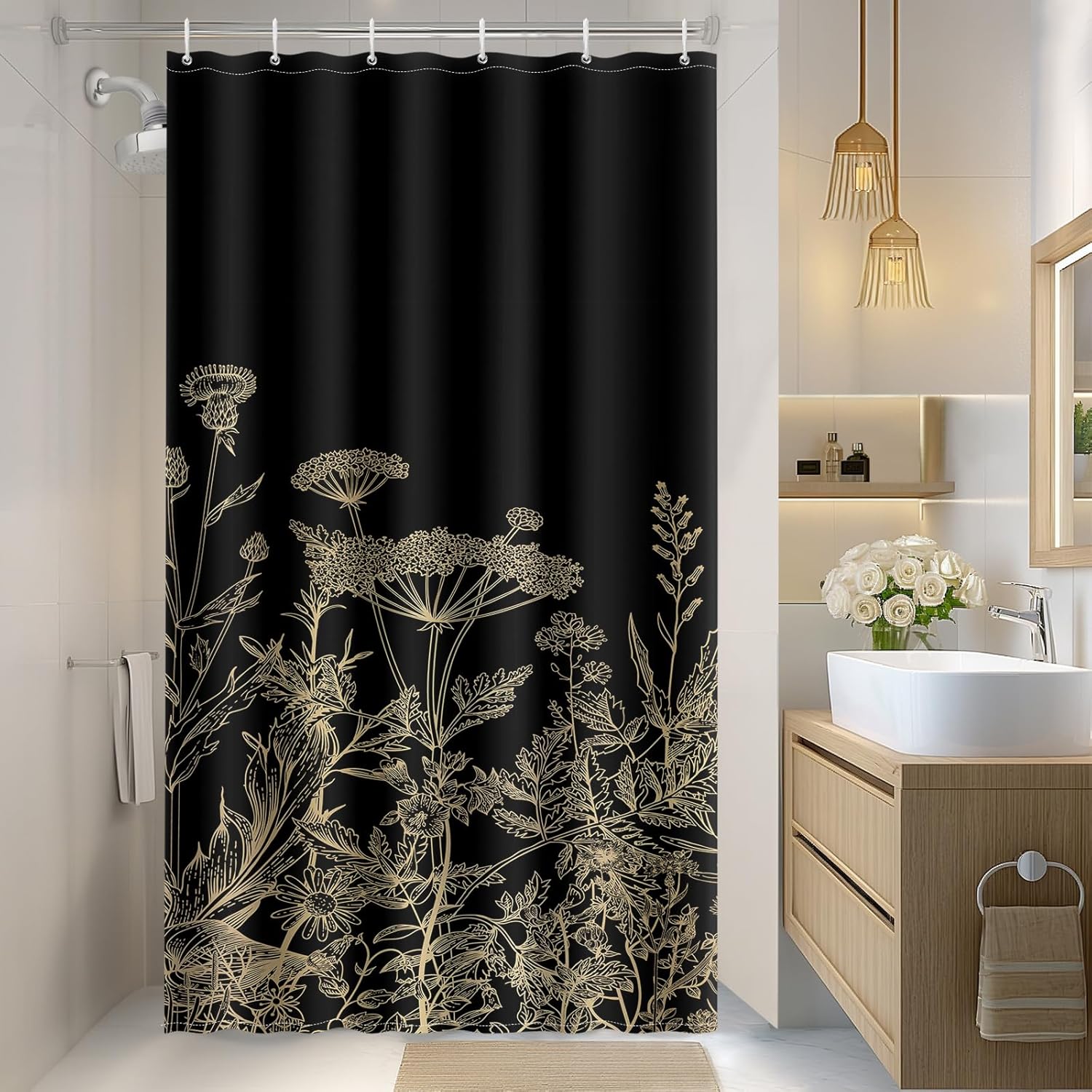 Vintage Dark Cottagecore Mushroom Shower Curtain - Retro Botanical Wildflower Print, Waterproof Fabric Curtain with 12 Hooks | Whimsical Gothic Bathroom Decor #showercurtain #mushroom #cottagecore #vintage #botanical #waterproofcurtain  #gothicdecor