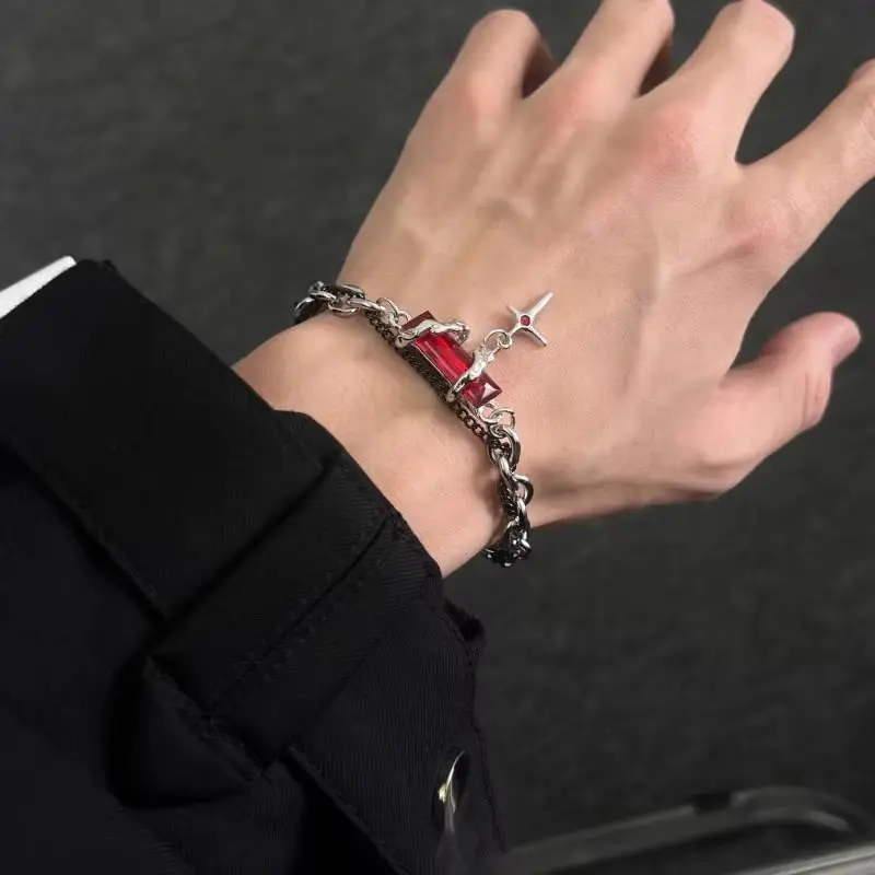 Punk Vintage Red Zircon Star Chain Bracelet For Women Men Couple Unisex Trend Goth Grunge Y2K Jewelry Charms Accessories Gifts