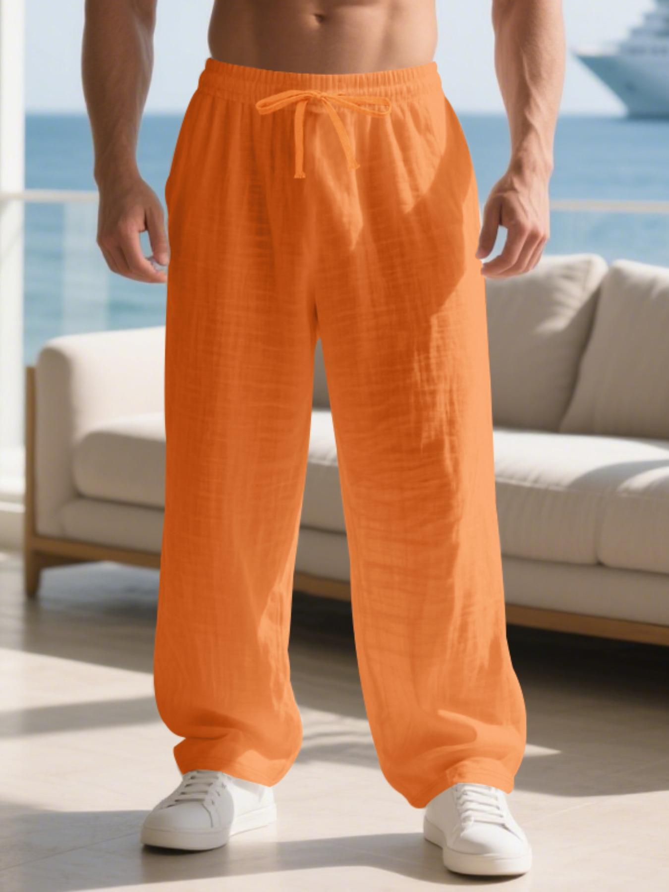 Men's Linen Long Pants Fit with Pockets, Casual Beach Pants, Summer Home Wear, Elastic Waistband & Drawstring, Spring & Fall Fashion