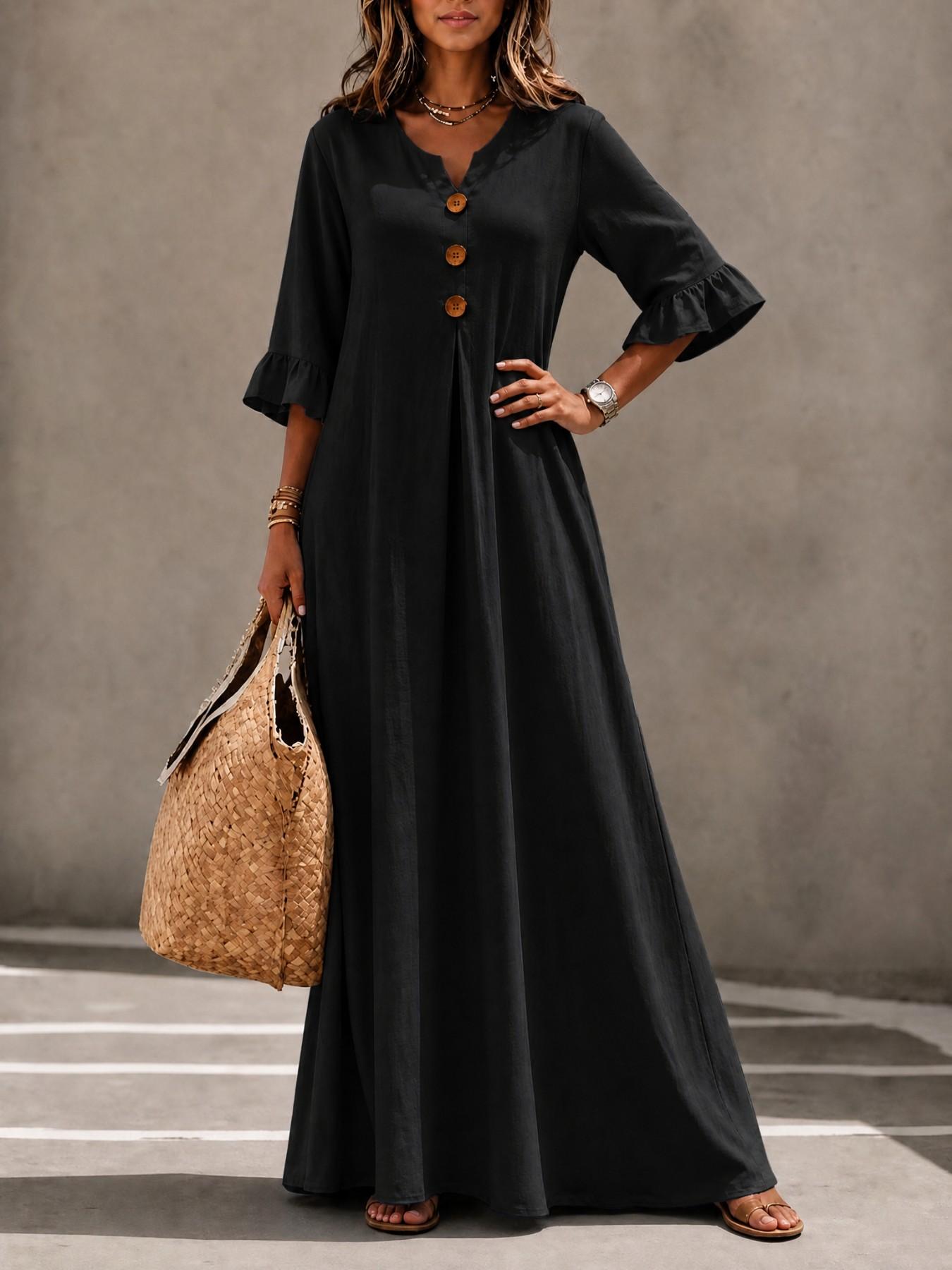 Women's Boho Style Loose-Fitting Wooden Texture V-Neck Dress, Leaf Sleeve Round Button A-Line Long Dress, All Seasons Fashion