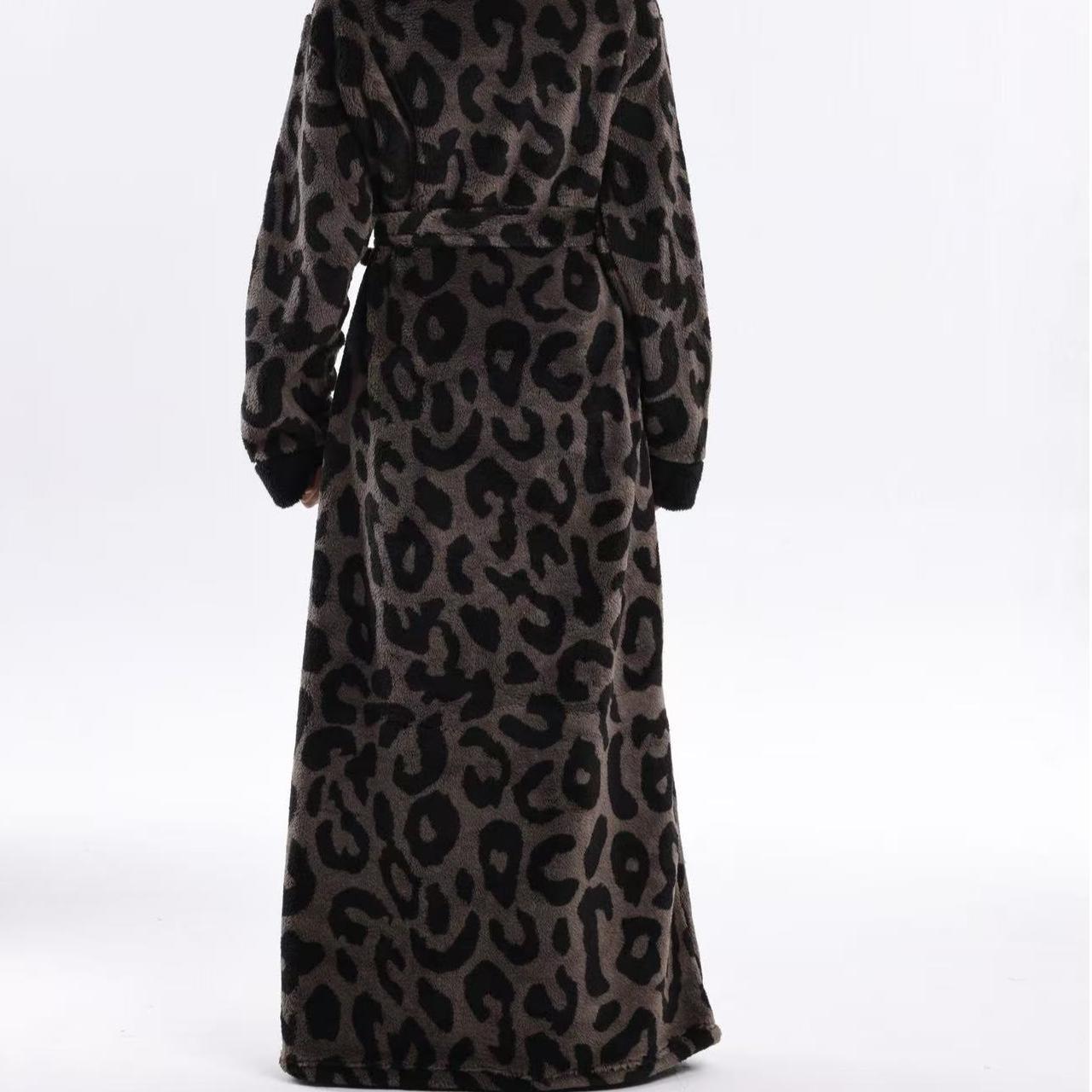 European Elegant Coffee Leopard Print Flannel Bathrobe Loungewear Nightwear, Hooded with Belt and Pockets, Unisex Fit, Soft and Comfortable