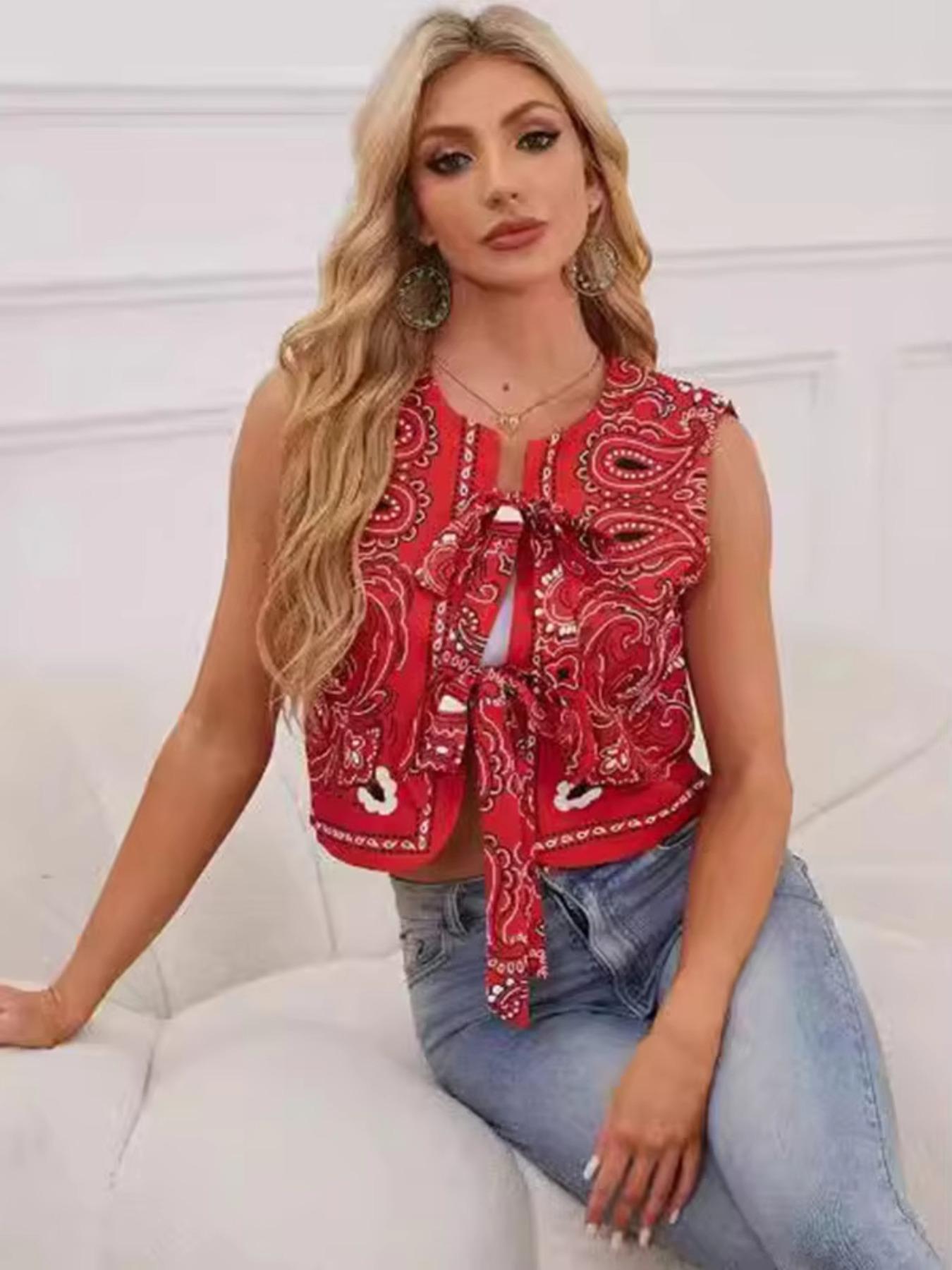 Women's Autumn Ethnic Print Tie-Back Vest Top Short, Sleeveless Round Neck Bow Vintage Fashion Jacket, Stylish Casual Wear