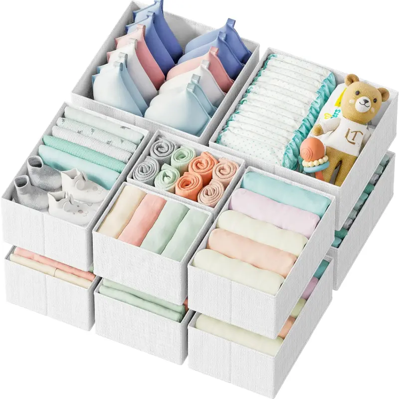 12‑Pack Foldable Fabric Drawer Organizer, Dresser Closet Storage Divider Bins for Baby Clothes, Socks, Underwear and T‑Shirts, Bedroom Nursery Organization Solution