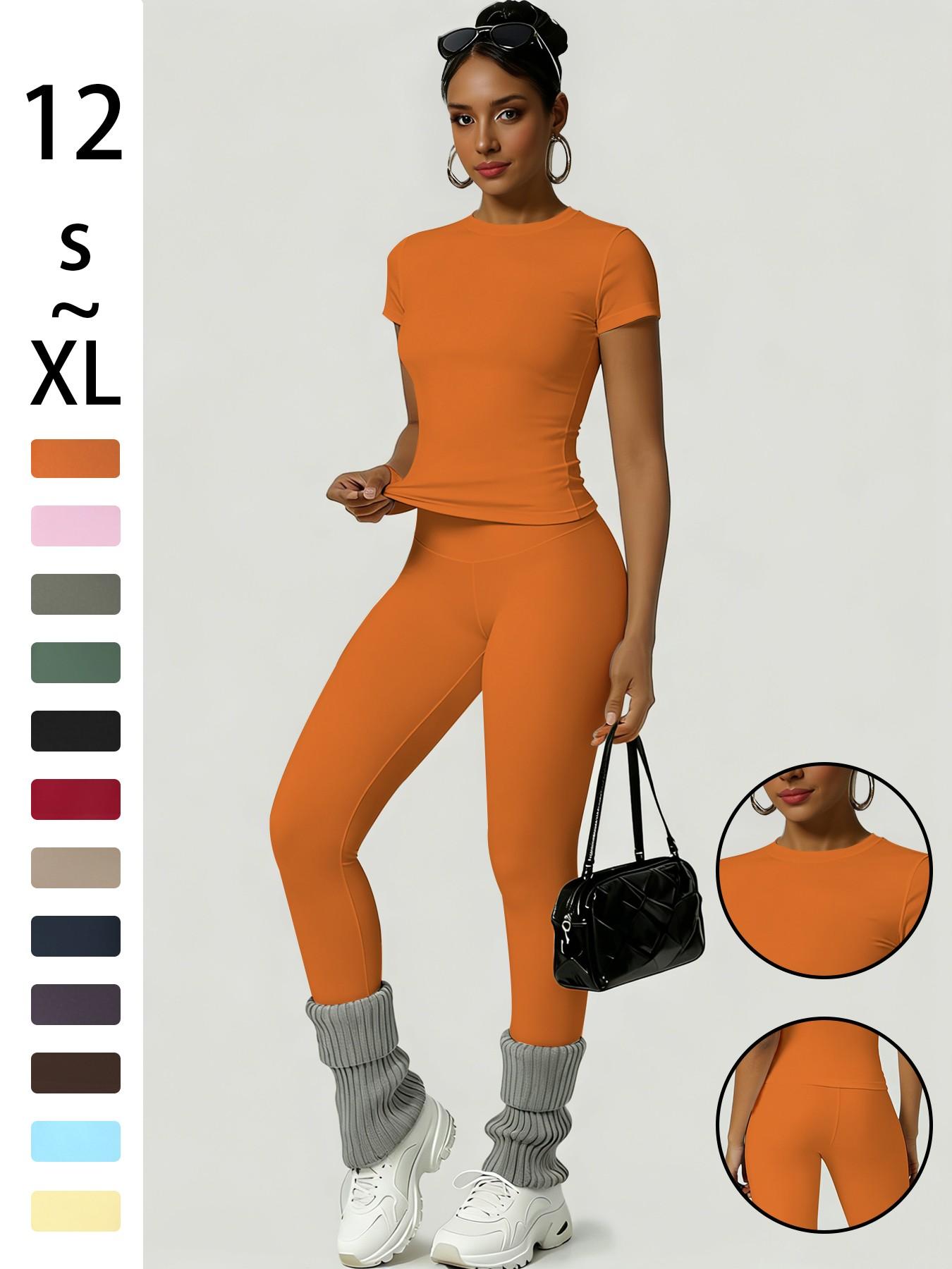 Women's Sporty Slim Fit High-Waisted Yoga Pants & Short Sleeve Round Neck Tee Set, Soft Breathable Activewear for Gym, Running and Outdoor Activities