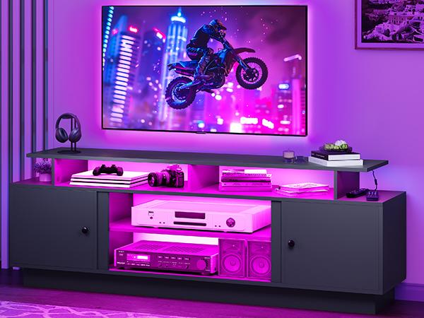 Yitahome Modern TV Stand for TVs Up to 75'', Entertainment Center with Light Strip, TV Shelf with Storage Cabinets & Movable Partition, TV Console for Living Room, 70 Inch