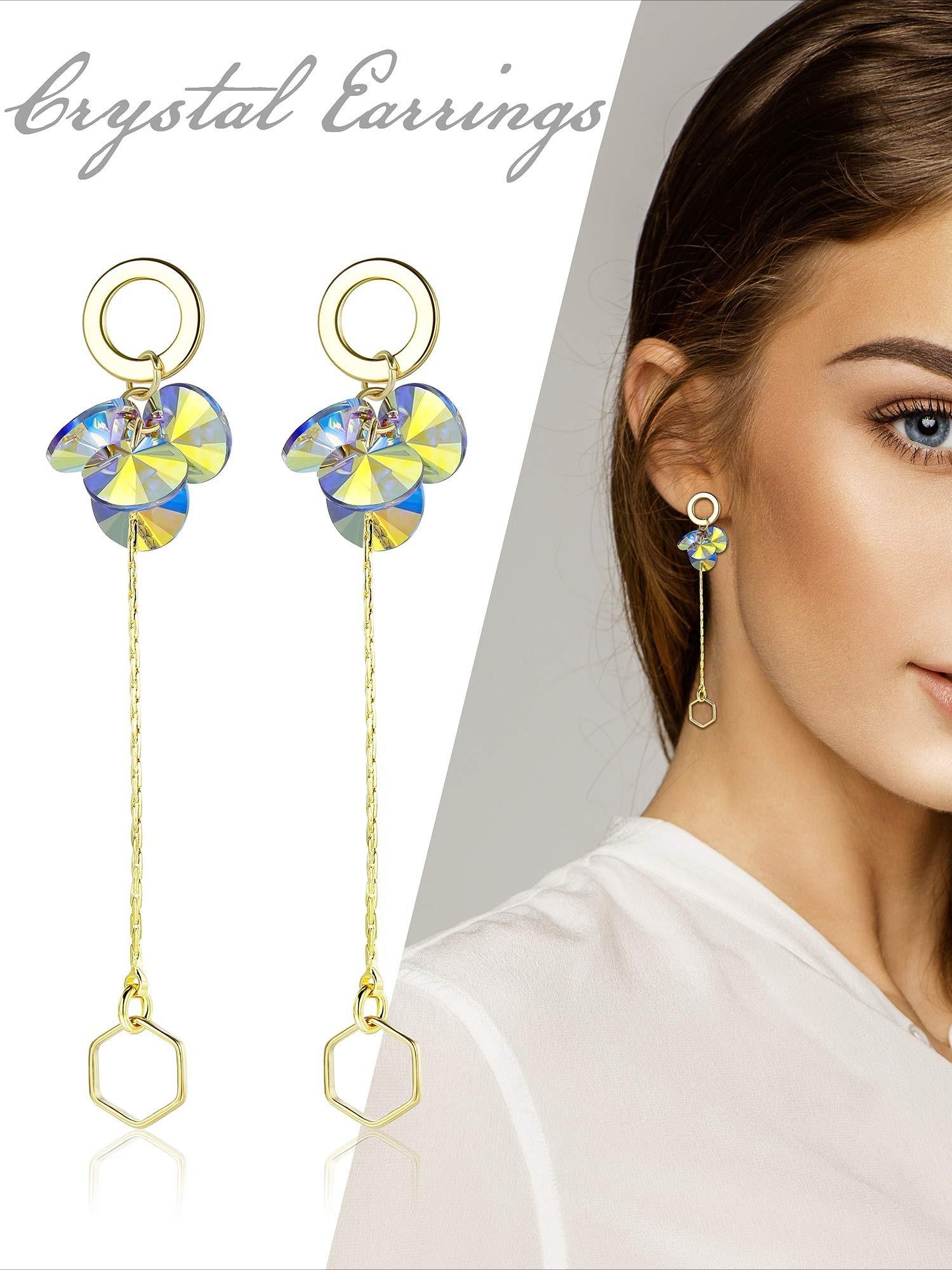 1 Pair Delicate Golden Long Chain Dangle Earrings for Women Men Beautiful Flower Clusters Shimmering Iridescent Swarovski Crystals Face-slimming Visual Effect Hypoallergenic Copper Construction Safe for Sensitive Skin