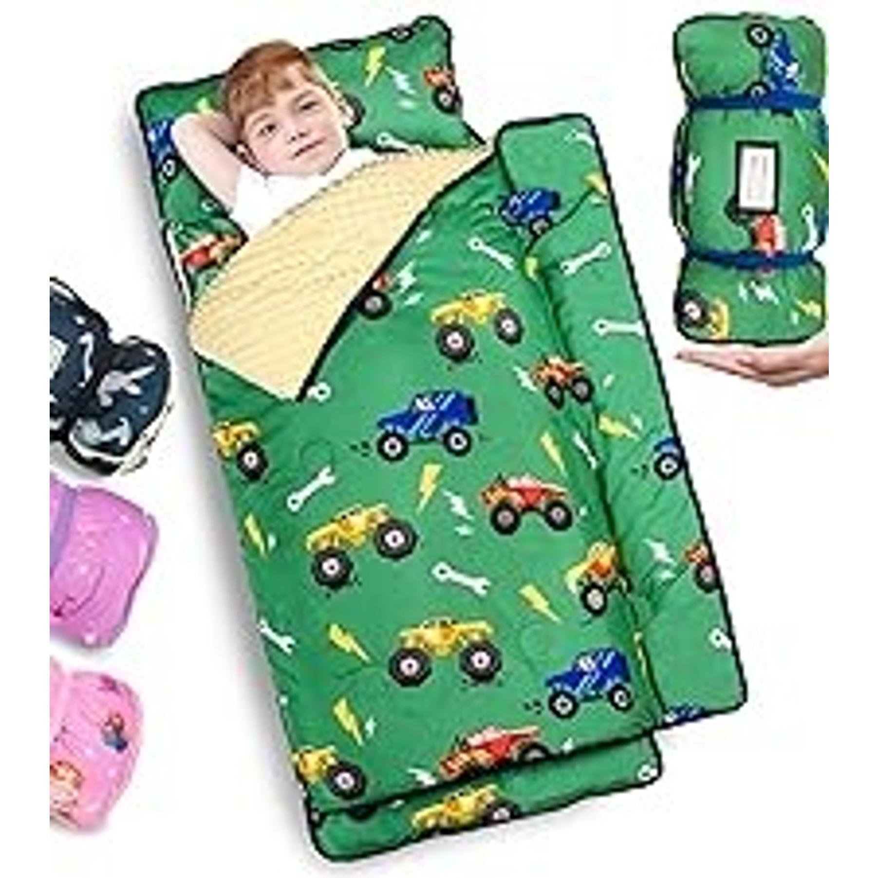 Thickened Toddler Nap Mat with Removable Pillow and Minky Blanket, Extra Large 55''x35'' Sleeping Bag, Washable, Roll up, Perfect for Daycare, Preschool, Kindergarten, Boys and Girls