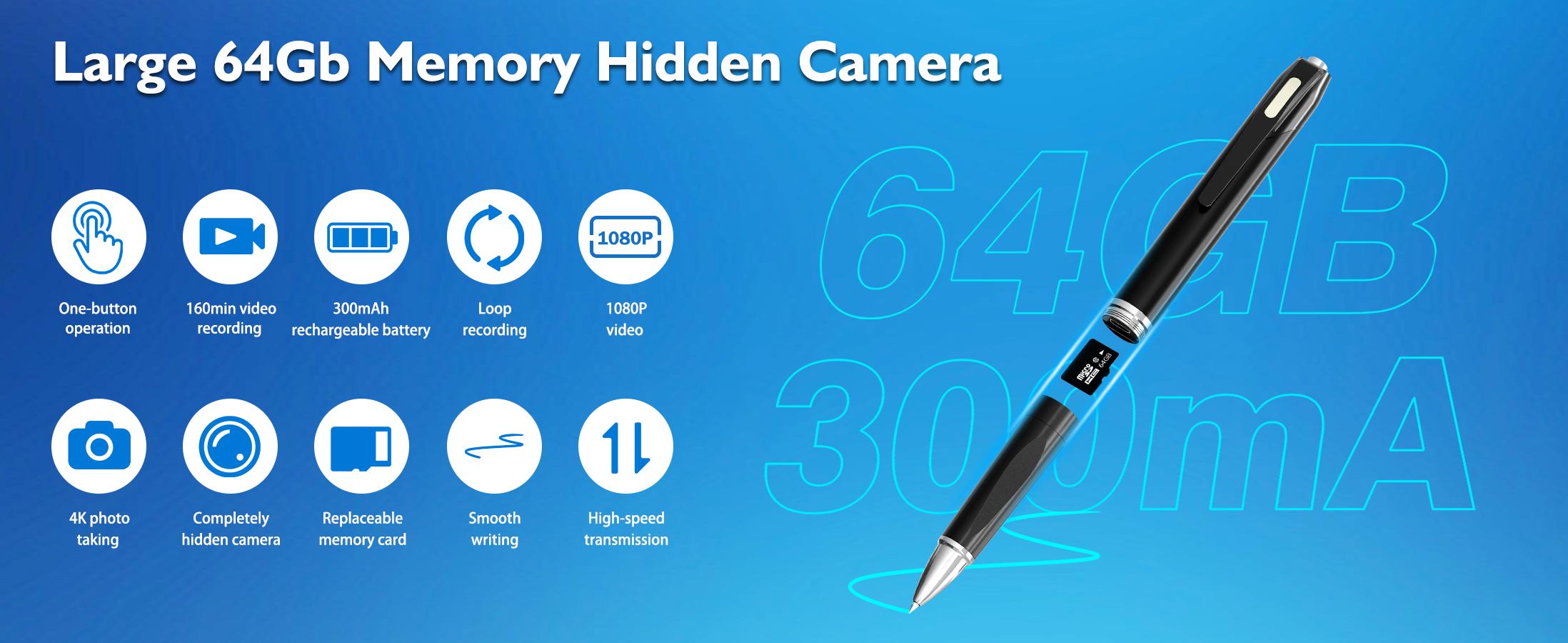 Hidden Camera-Mini Cameras HD 1080P-with 64GB SD Card Data Cable and Card Reader-Hidden Cameras Pen Cameras for Indoor Safety Classroom Learning