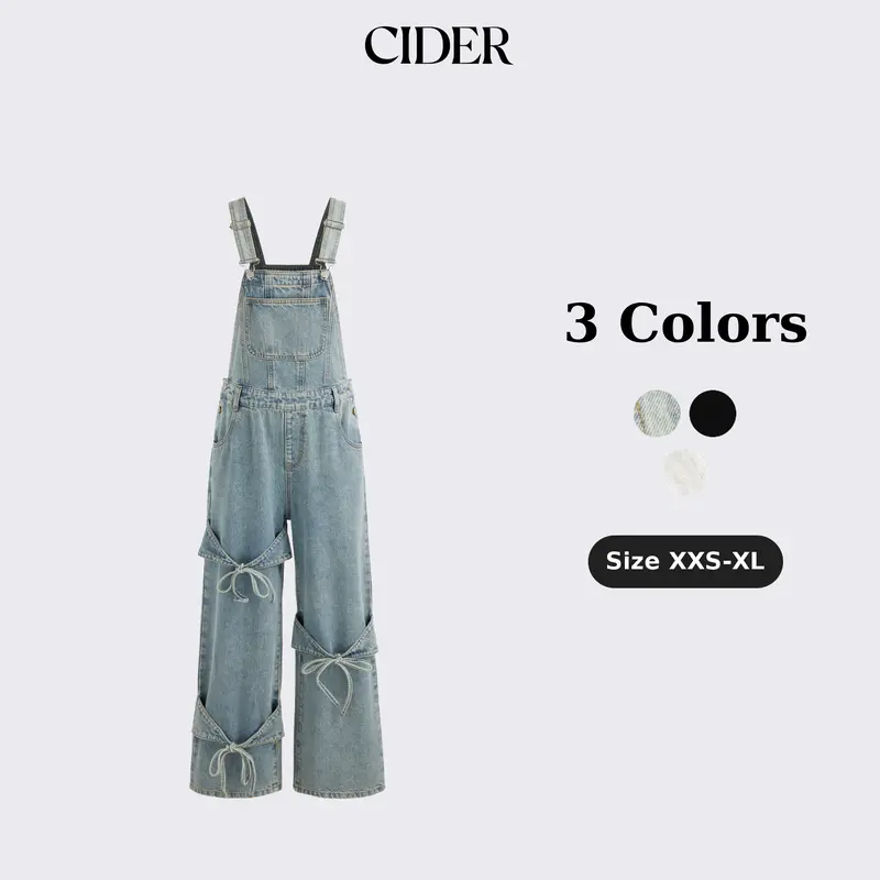 Cider Denim Bowknot Buckle Up Pocket Wide Leg Jumpsuit
