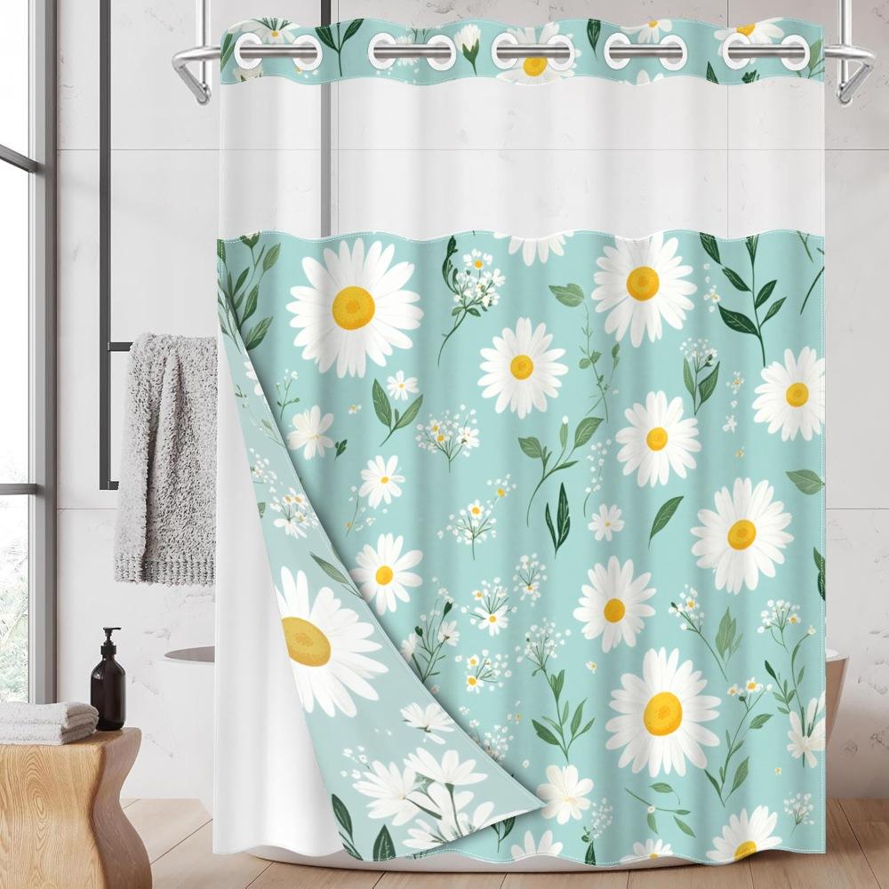 1pc hookless shower curtain with buckle lining, spring white and green daisy floral design, 2D flat printing, fabric waterproof lining, see-through double shower curtain, 71 x 74 inches, modern home draping curtain.