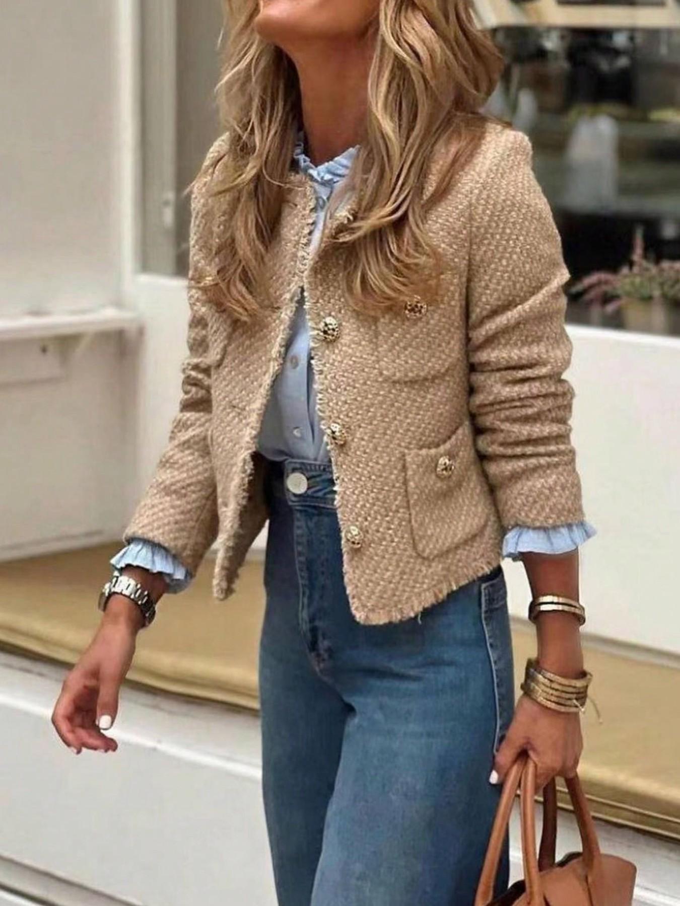 Women's Elegant Multi-Pocket Short Jacket, Fringe Edge & Metal Button Design, Perfect for Autumn Summer, Outerwear for Office, Parties & Daily Wear