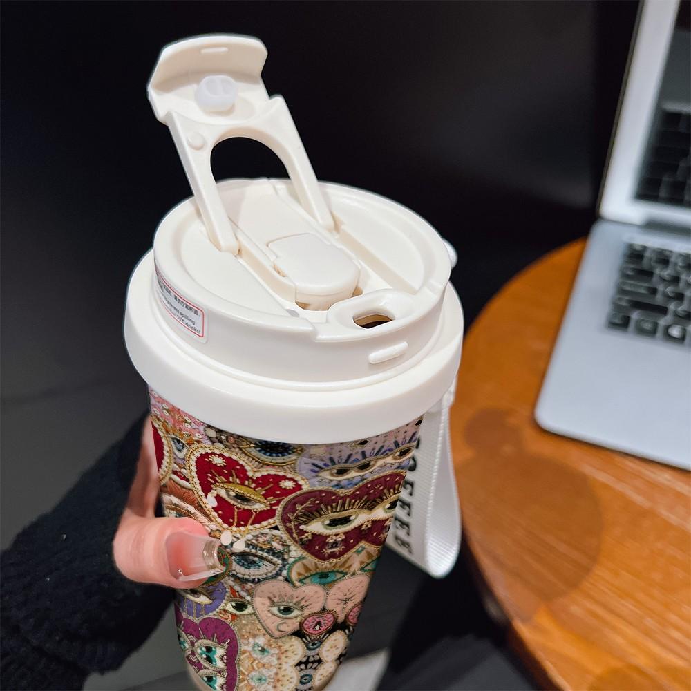 Abstract Heart Crown Eye Texture Coffee Cup, Portable Dual Drink Insulated Tumbler, Keeps Hot/cold, Boho Style, Office Travel Essential