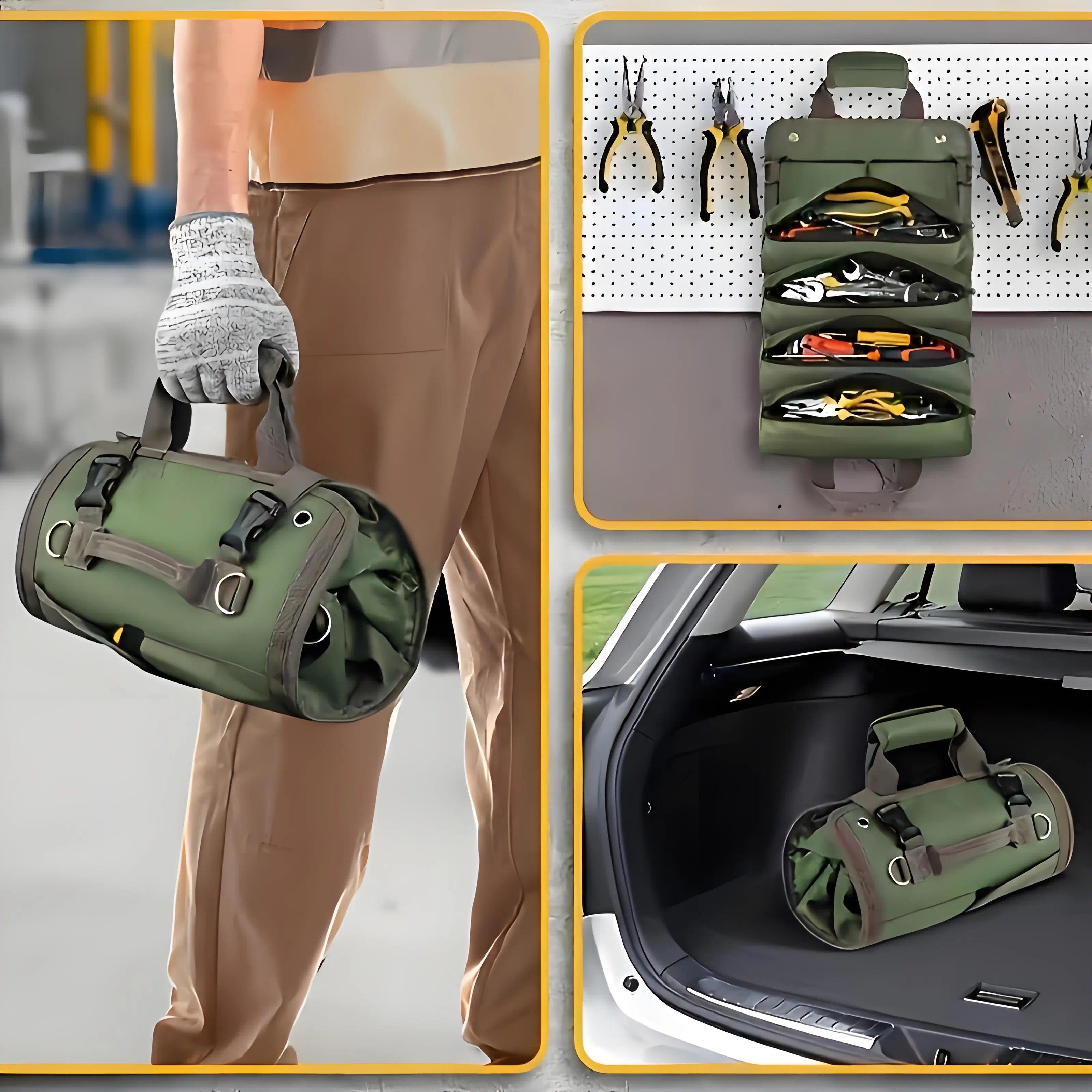 Heavy-duty waterproof tool organizer with 6 pockets.Removable and adjustable, suitable for electrician's, carpenter's and construction worker's tool belts.Portable and practical storage tool kit.Roll-up tool bag.  Tool Roll with Carrying Handle versatile