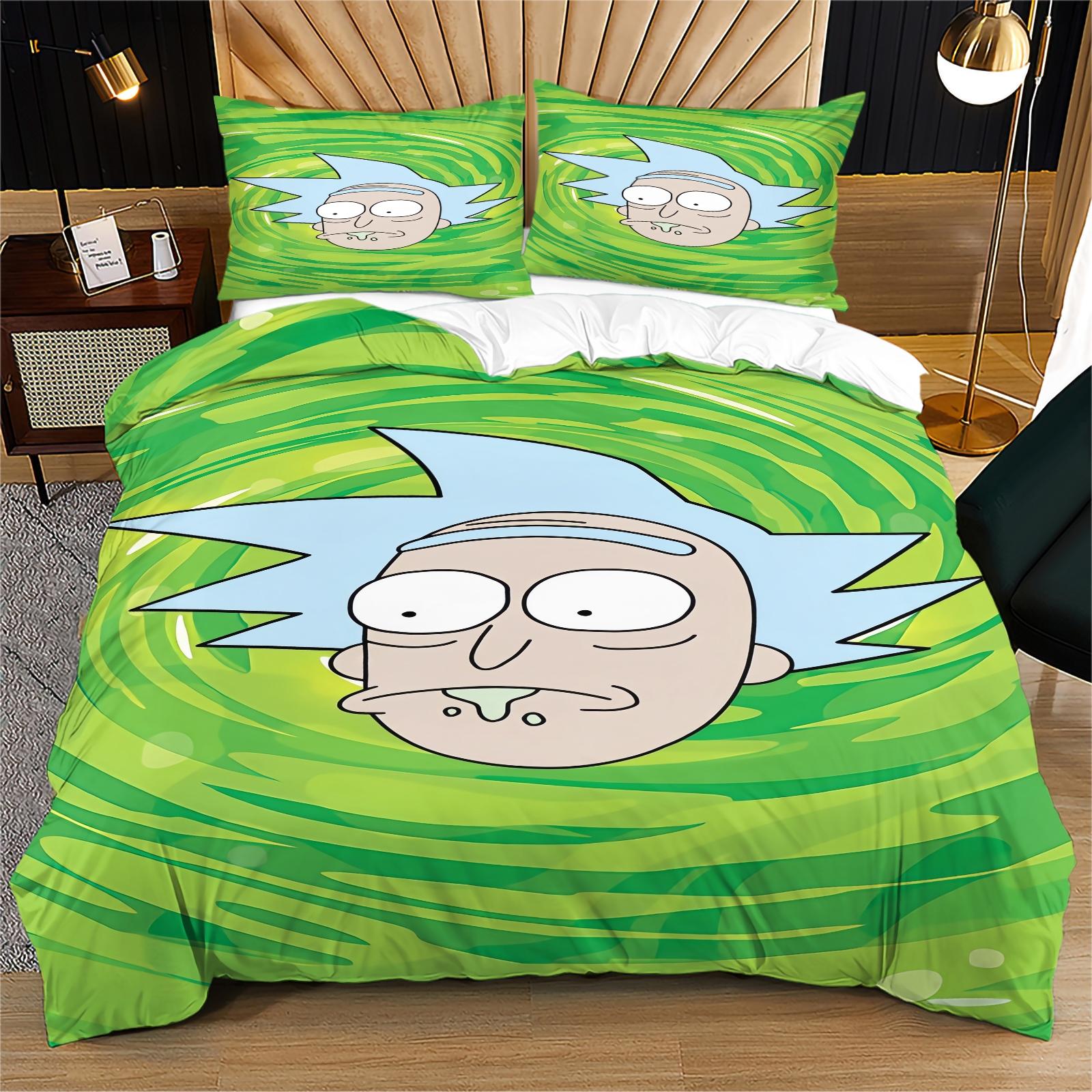 Rick and Morty Pattern Printed Soft Durable Bedding Set, Bed Sheets Set, Includes 1 Fitted Sheet and 1 or 2 Pillowcases, Excluding The Core And Pillow Core, Modern Style Bedroom Decor, Bed Sheet Sets