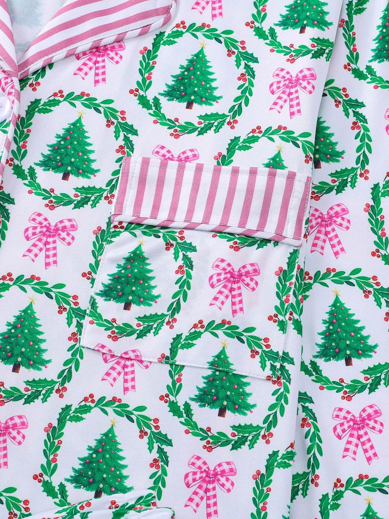 2-piece set full of bow garlands, Christmas tree prints, Christmas long sleeves, long pants, striped cuffs, collar, top, small pockets, elastic waistband, button closure, suitable for all seasons home wear, Loungewear, pajamas