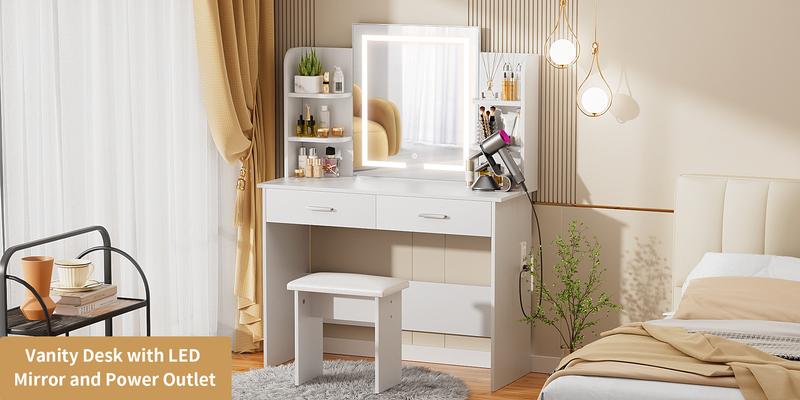 VOWNER Modern Makeup Vanity Desk with Lighted Mirror,2 Drawers,Cushioned Stool for bedroom, vanity mirror vanity table,Furniture Interior
